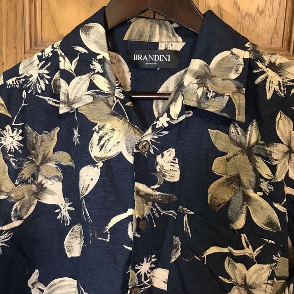 Brandini Pure Silk Hawaiian Shirt Men's L Navy Tan Floral SS Top Loop Button Up - Picture 1 of 11
